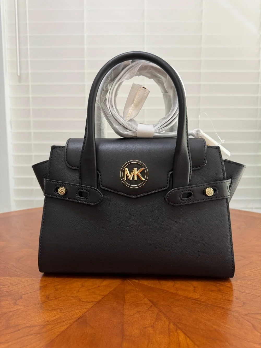 Michael Kors Black Saffiano Mini Satchel with Gold MK Emblem